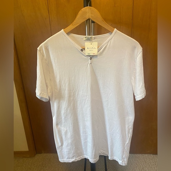 M.I.D.A Undici Men's White Short Sleeve Henley Organic Cotton T-Shirt Size L NWT - Picture 1 of 9